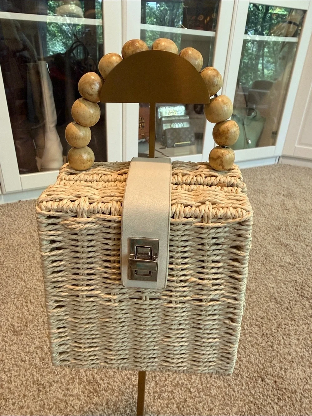 Woven Rattan Box Handbag with Beaded Handle – Cream